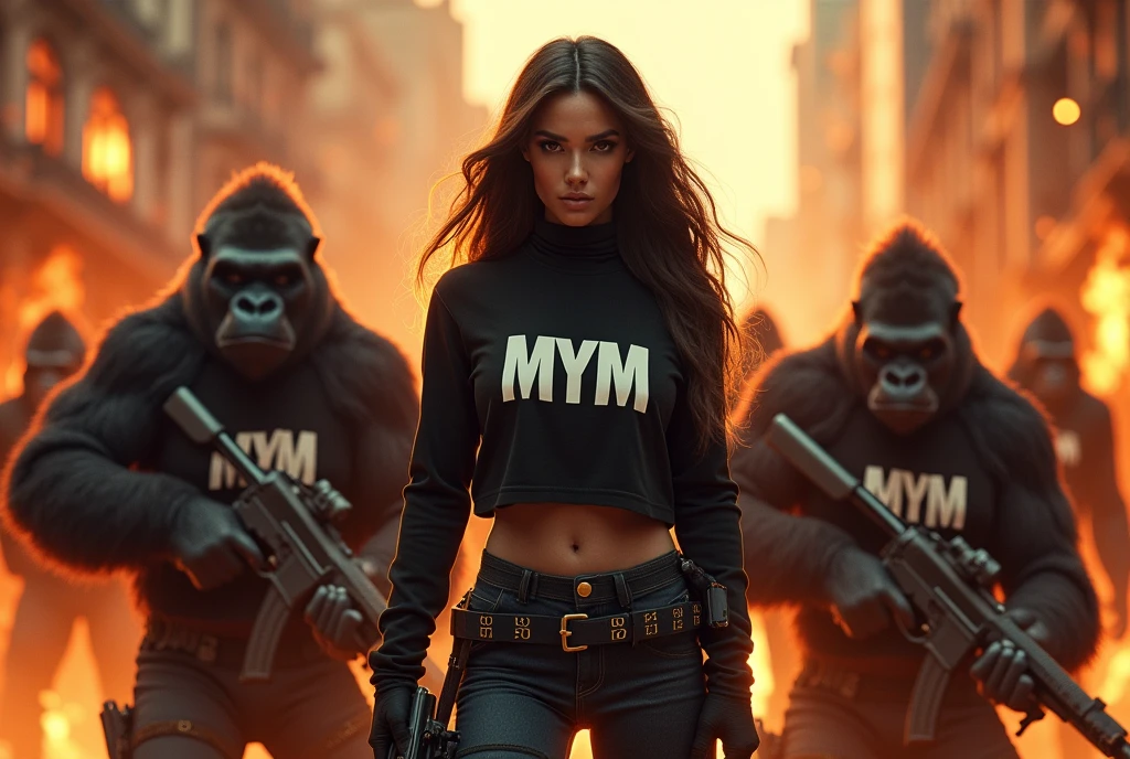 beautiful woman with a gun in a burining city wuth MYM on her clothing defended by and army of tactical gorillas carrying guns with MYM logo