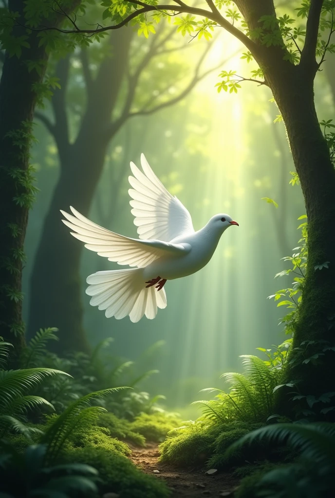 Dove flying in the forest