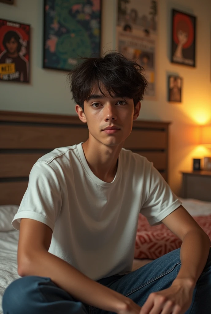 Um homem brasileiro, 20 year old young man, with chocolate colored hair, with light brown eyes, realisitic, sitting on your bed in your room with decorations from series and movies