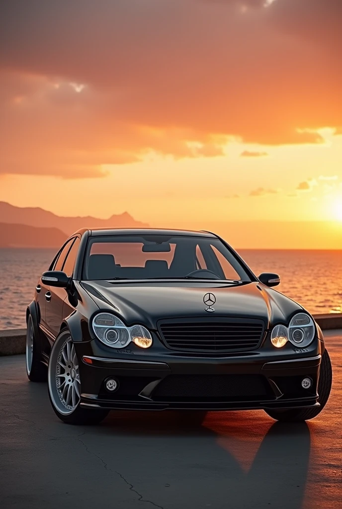 Black mercedes benz model E-class w211 year 2005 wit amg paket in front of the sea on a sunset and with a original amg wheels white