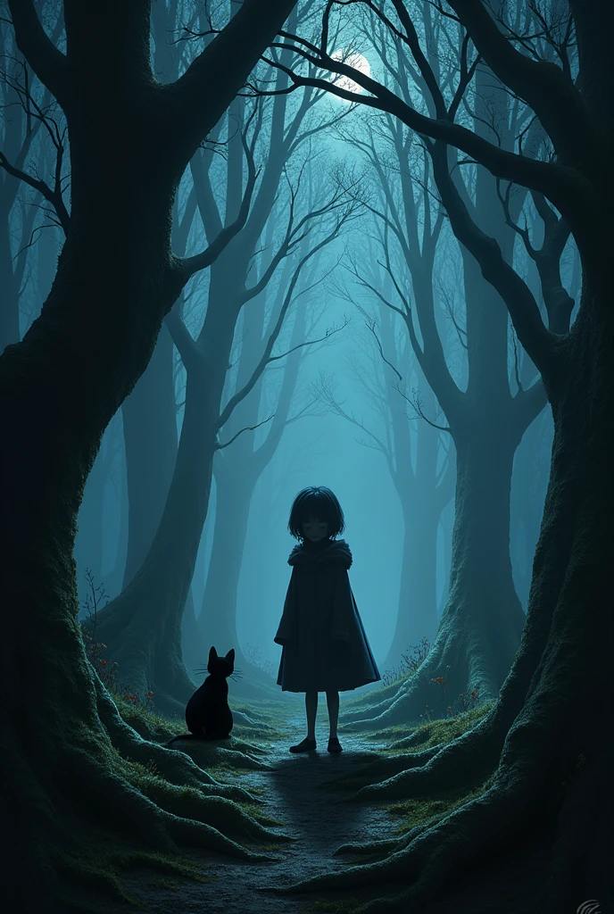 coraline character , walking in the shadows , at the forest , looking for the black cat