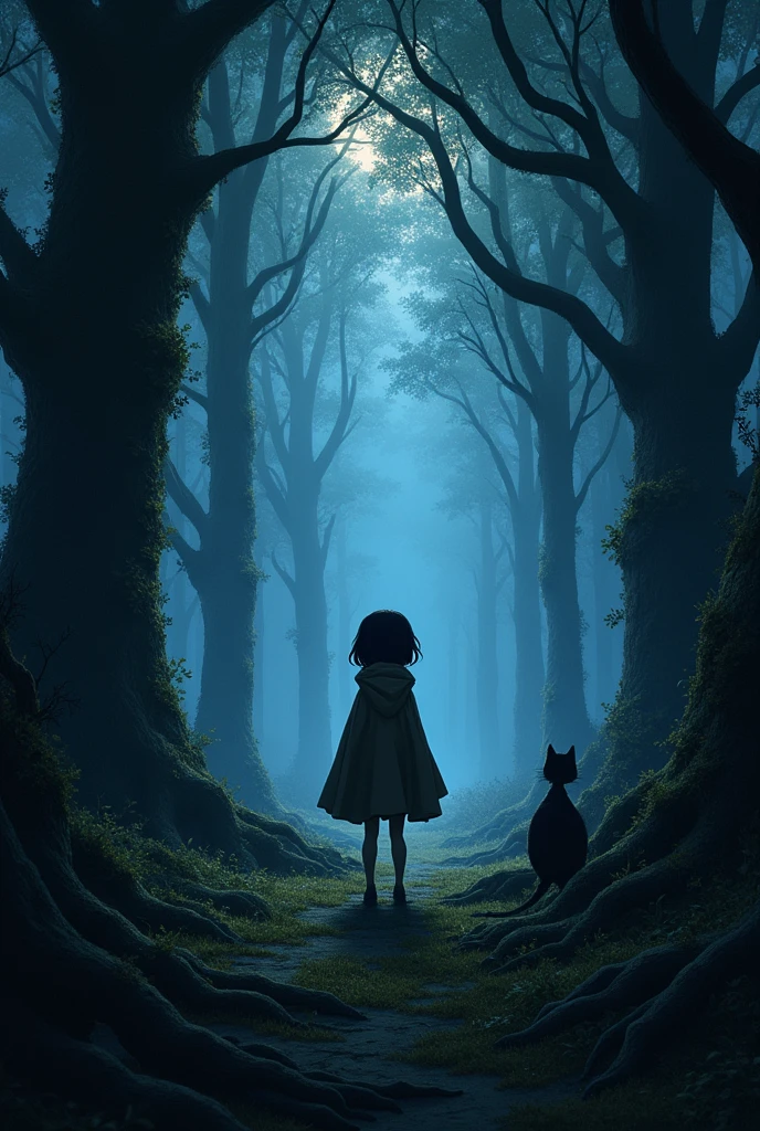 coraline character , walking in the shadows , at the forest , looking for the black cat
