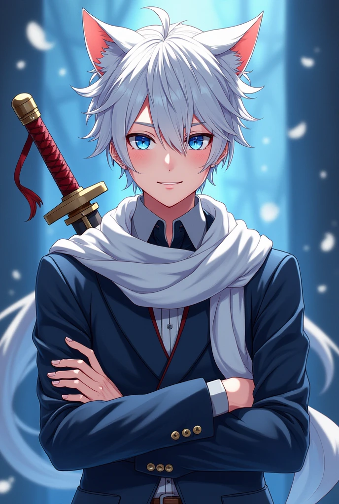 I want a male anime character with white hair blue eyes cat ears a sword on his back a white scarf smiling with his arm crossed