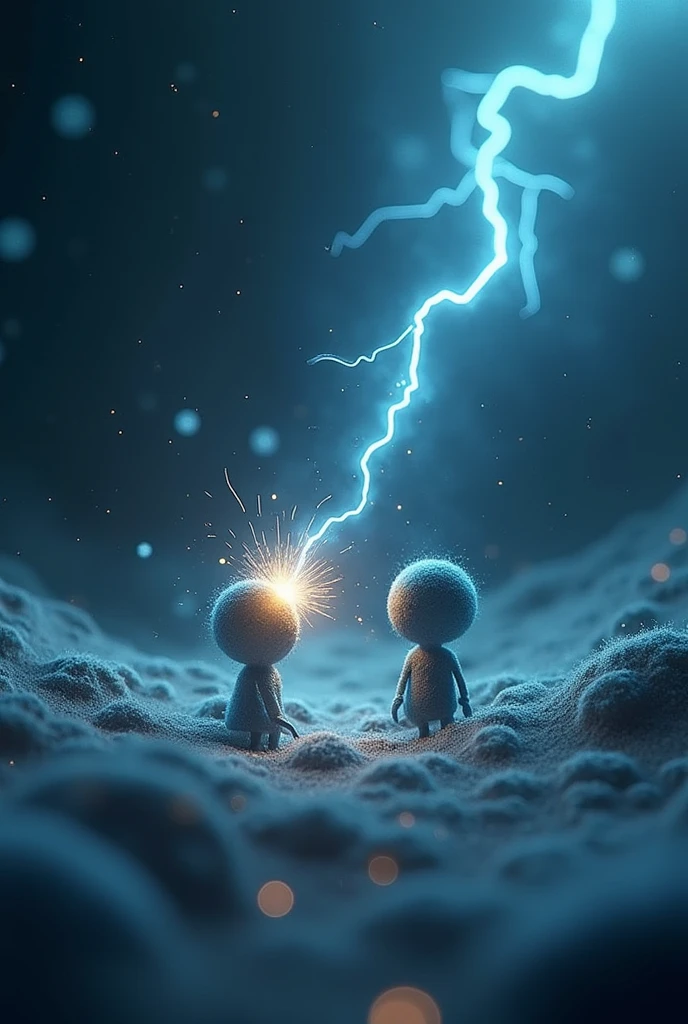 mages: Electron is now close to Chlorine (Cl), demonstrating how to capture an electron. Electron reaches out, releasing a small spark of energy that symbolizes the donation of the electron. Chlorine, initially surrounded by static electricity, slowly begins to glow softly, symbolizing stabilization after receiving the electron. Proton is next to Electron, watching closely, with a smile of approval. Neutron remains calm, observing the process with an analytical eye, representing neutrality and balance within the atom.