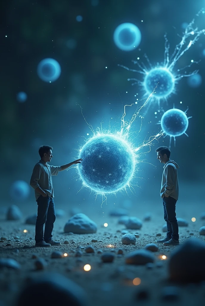 mages: Electron is now close to Chlorine (Cl), demonstrating how to capture an electron. Electron reaches out, releasing a small spark of energy that symbolizes the donation of the electron. Chlorine, initially surrounded by static electricity, slowly begins to glow softly, symbolizing stabilization after receiving the electron. Proton is next to Electron, watching closely, with a smile of approval. Neutron remains calm, observing the process with an analytical eye, representing neutrality and balance within the atom.