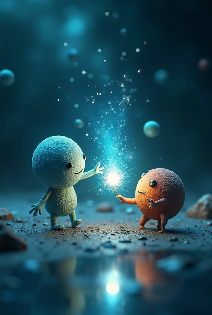 mages: Electron is now close to Chlorine (Cl), demonstrating how to capture an electron. Electron reaches out, releasing a small spark of energy that symbolizes the donation of the electron. Chlorine, initially surrounded by static electricity, slowly begins to glow softly, symbolizing stabilization after receiving the electron. Proton is next to Electron, watching closely, with a smile of approval. Neutron remains calm, observing the process with an analytical eye, representing neutrality and balance within the atom.