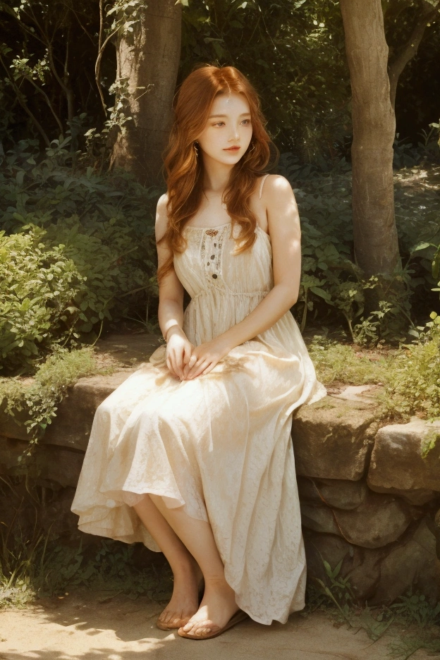 Girl in boho dress is in summer garden, illuminated by the sun, petting a ginger cat.