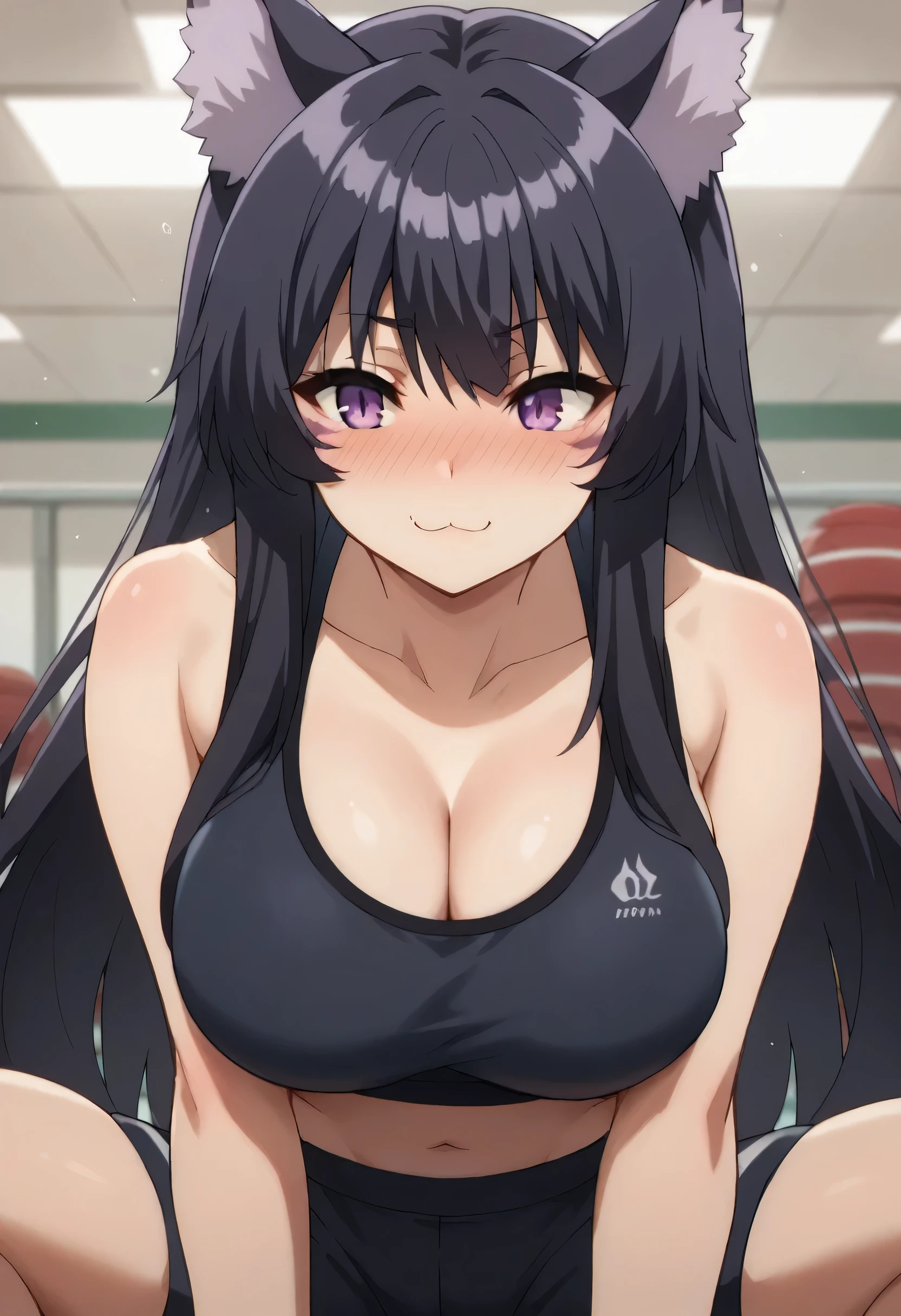 delta, long hair, black hair, animal ears, purple eyes, cat ears, animal ear fluff, facial mark,, large breast, sport bra, shorts, on the gym, seductive smile, ear blush, full blush, naughty
