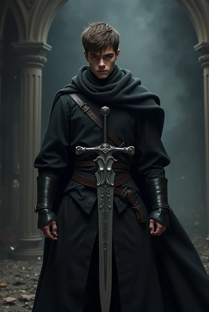 A 20 year old angry European warrior male with short brown hair and brown eyes without a glowing beard wearing a full black outfit holding a magic fragmented sword standing in a dark place and looking to the left