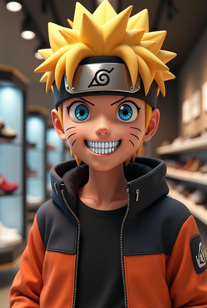 Give me images of Naruto Uzumaki in realistic 3D animation that is smiling at the camera with diamond grillz style teeth and in the background is an expensive shoe store