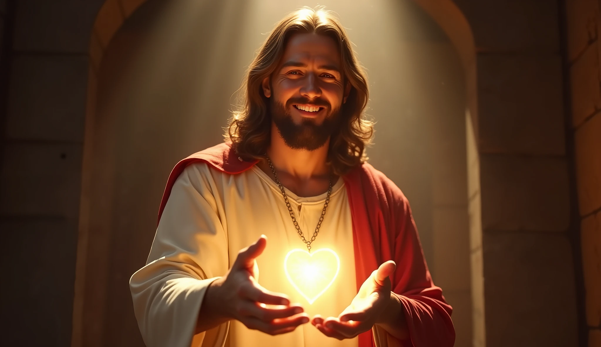 Ultra realistic Christ smiling with loving face with hands in blessing gesture to the viewer. his heart is ultra radiant, loving, shining eyes to the viewer, of light to convey depth and background of a room in a house, many lights coming from the sky