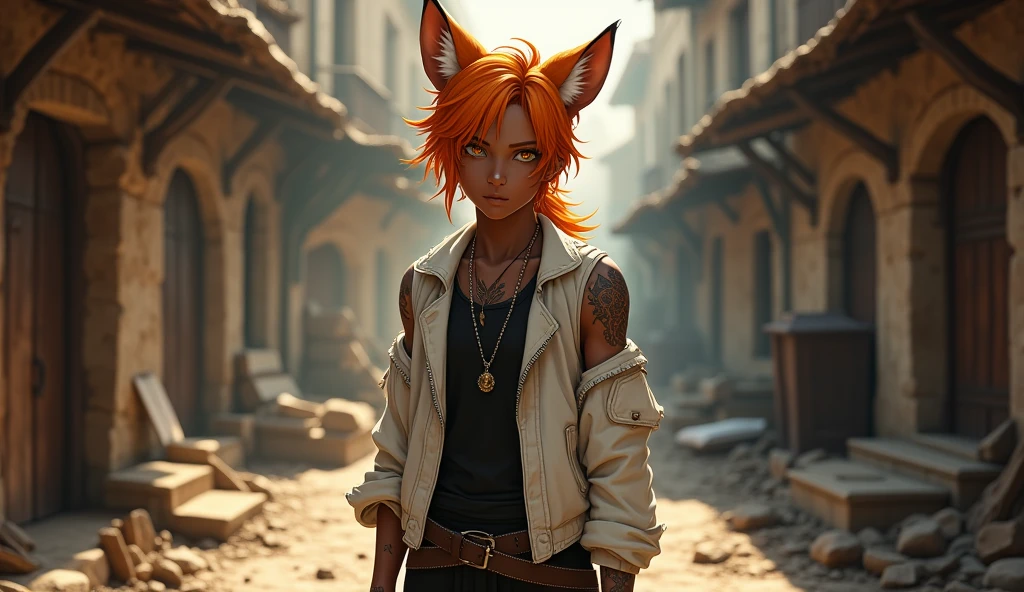 handsome 1 boy with orange medium hair and lower ponytail and yellow eyes and fox ears, dark skin, tribal tattoo, off shoulder white jacket, black sleeveless shirts with crossed body leather belt, leather sandal, necklace, standing on the messy backstreet of medieval city, sunlight, soft focus, high quality, realistic background, adding depth and richness to the scene, 15yr old