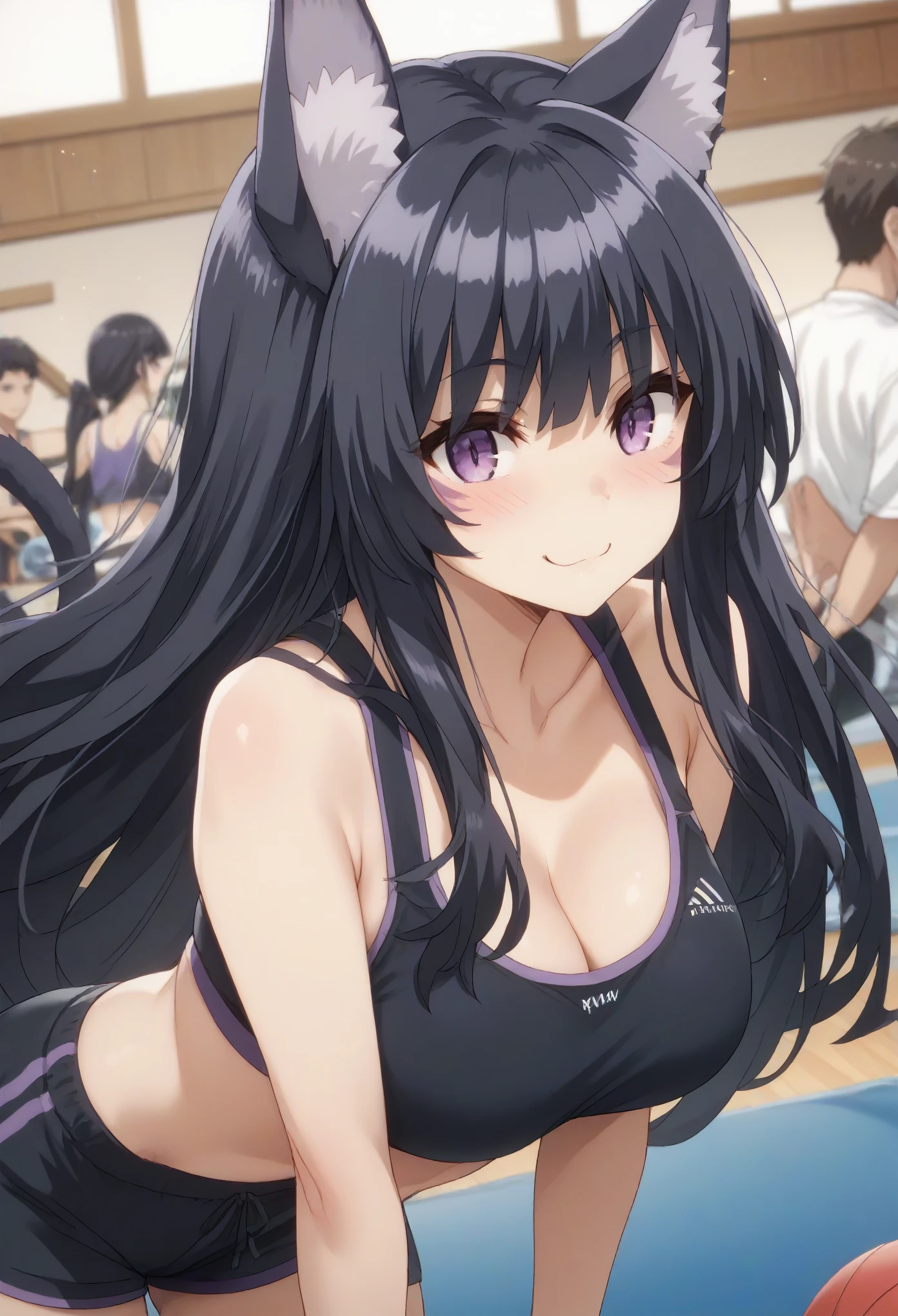 delta, long hair, black hair, animal ears, purple eyes, cat ears, animal ear fluff, facial mark,, large breast, sport bra, shorts, on the gym, seductive smile, ear blush, full blush, naughty
