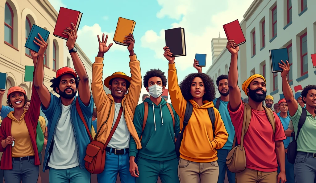 colorful illustration of white people and black people protesting by raising books in their hands 