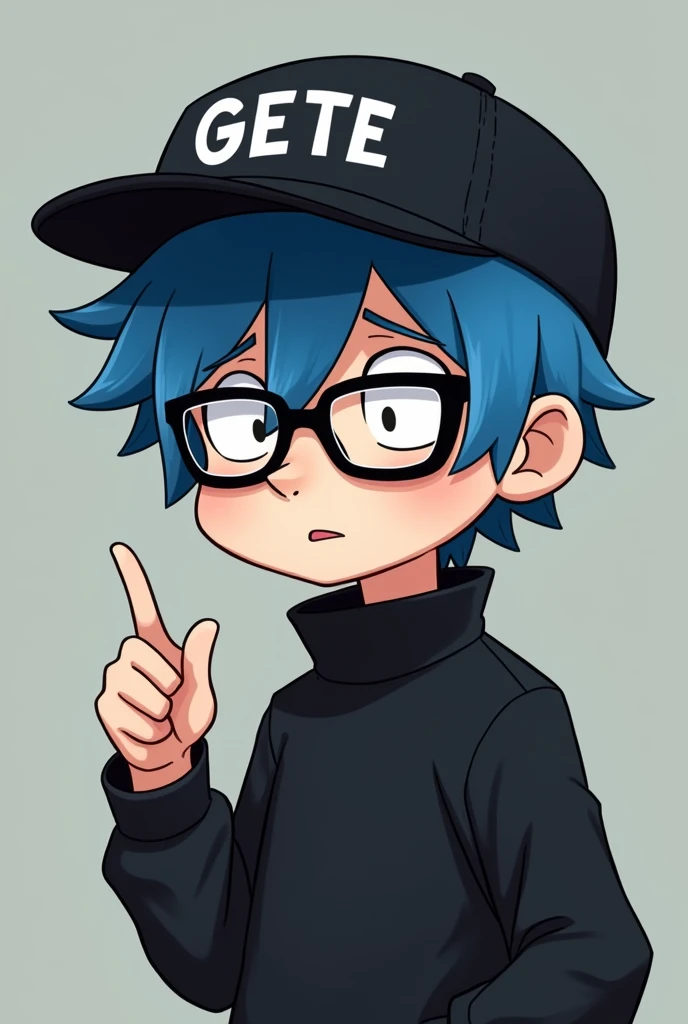 Create a male cartoon character with blue hair wearing a cap that says GETE and wearing black clothes , pointing with one hand and with a depressed expression wearing nerdy glasses