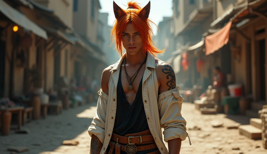 handsome 1 boy with orange medium hair and lower ponytail and yellow eyes and fox ears, dark skin, tribal tattoo, off shoulder white jacket, black sleeveless shirts with crossed body leather belt, leather sandal, necklace, standing on the messy backstreet of medieval city, sunlight, soft focus, high quality, realistic background, adding depth and richness to the scene, 