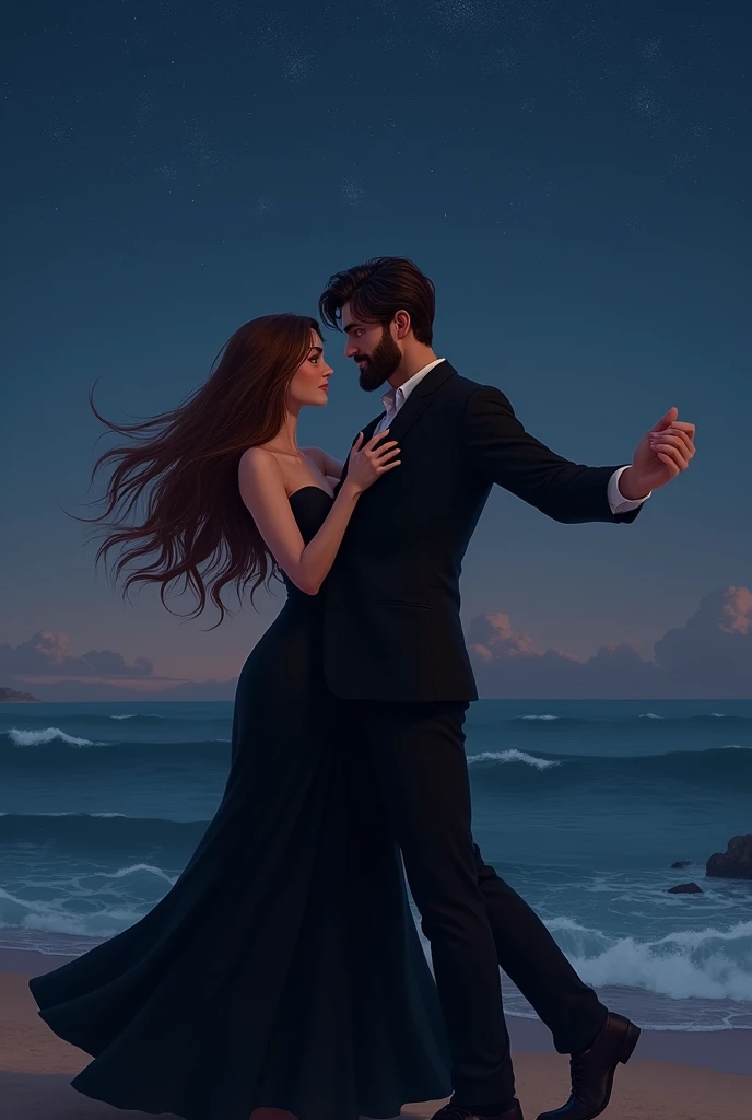 A girl and boy having dance both wearing black dressing boy having beard and girl having brown hair location near sea in night girl long hairs black dress must be and couple bit healthy