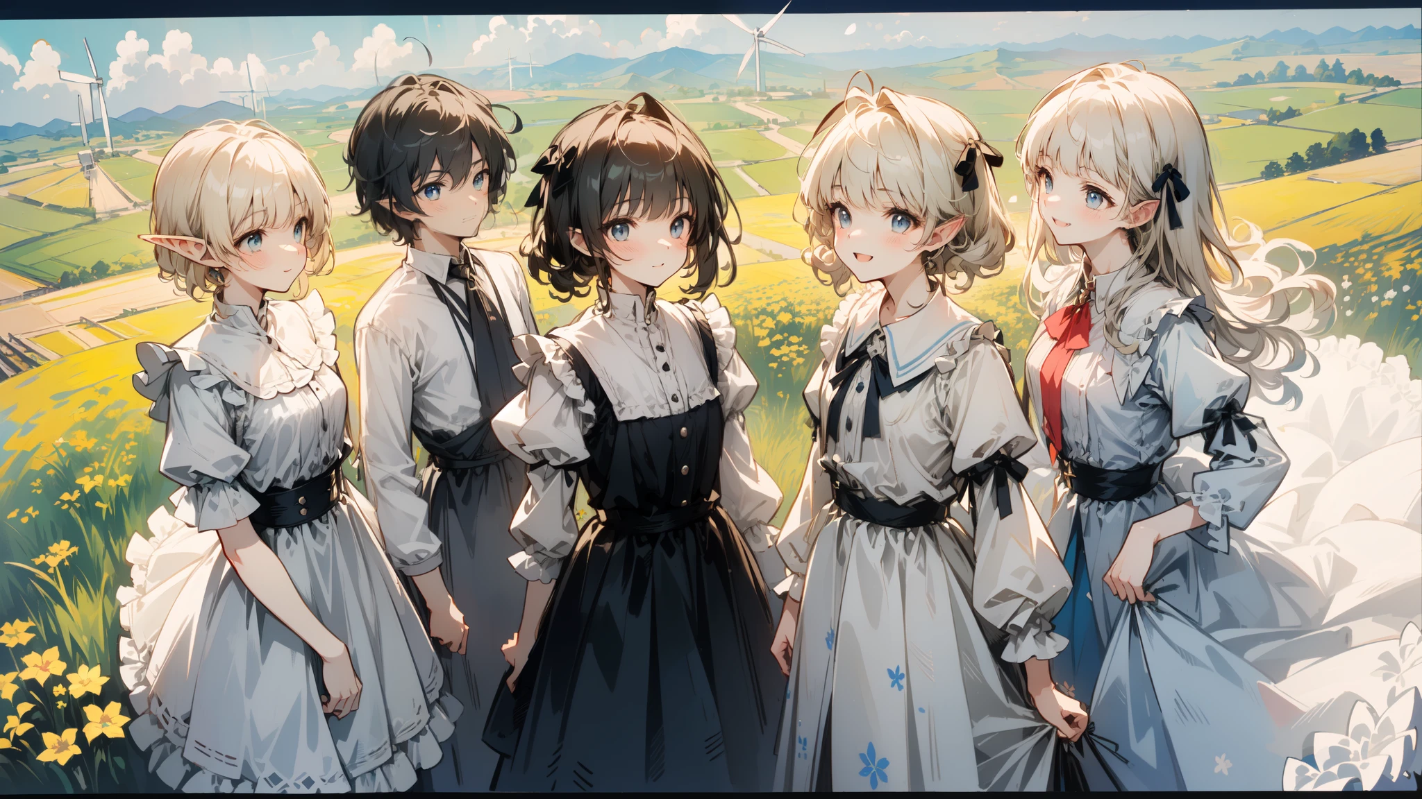 (masterpiece,最high quality,high quality,Ultra high definition,accurate,Ultra-detailed,High detail,Better Quality,8k,16K,High resolution,High-resolution model,Winner of numerous awards,Anatomically correct,CG rendering,アニメ:1.5),(Have a picnic in a beautiful flower field lined with windmills,A happy elven family of three, men and women, laughing together:1.5),(Handsome man with short, curly blonde hair and blue eyes:1.4),(Boy with gradient hair:1.3),Deep,(Detailed colorful flowers,windmill,spring,cloud,grassland,Flower field background:1.3),(Pointed Ears,Highly detailed face,Ultra high definition eyes with irises,Textured skin,Conservative silk clothing with attention to detail,Shiny beautiful hair,Delicate depiction of hair,Delicate expression:1.3),Reflected natural light,Soft and warm light,Light shines in,(Intricately designed, loose-fitting adventure elf attire,Gentle colors:1.2),Soft shadows cast on face and surroundings,Deep colors,Sharp details,Each hair is clearly visible,Perfect attention to detail,A gentle breeze blows and my hair flutters,A dreamy, fantastical atmosphere,(Framing Composition,Shooting from the side,Cowboy Shot,High angle:1.3),
