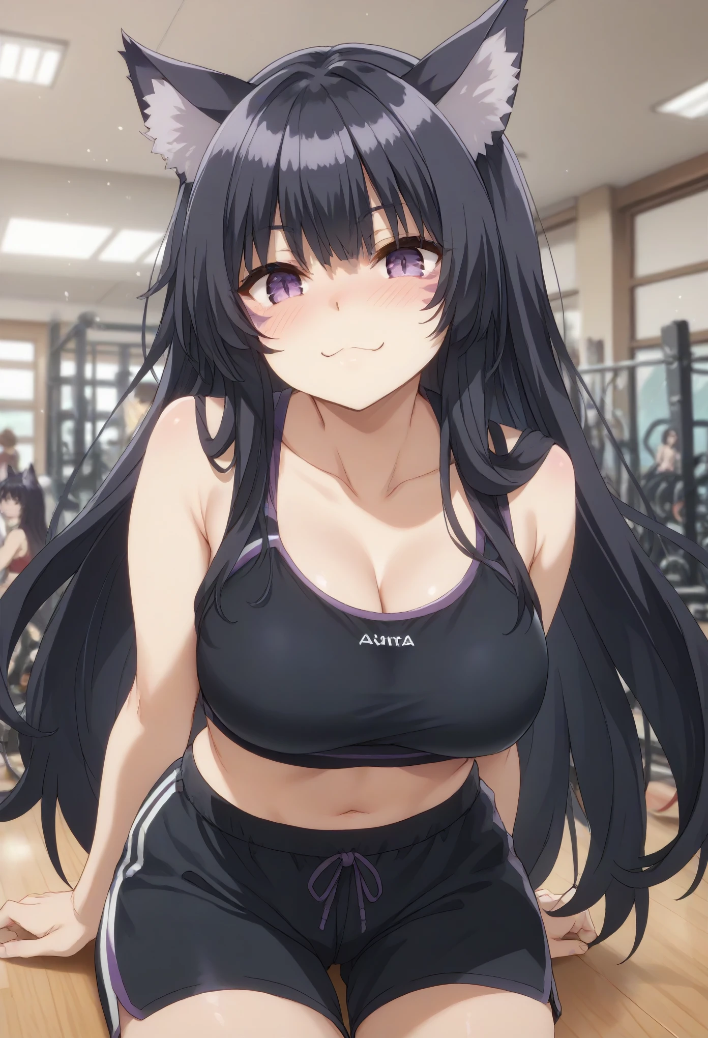 delta, long hair, black hair, animal ears, purple eyes, cat ears, animal ear fluff, facial mark,, large breast, sport bra, shorts, on the gym, seductive smile, ear blush, full blush, naughty
