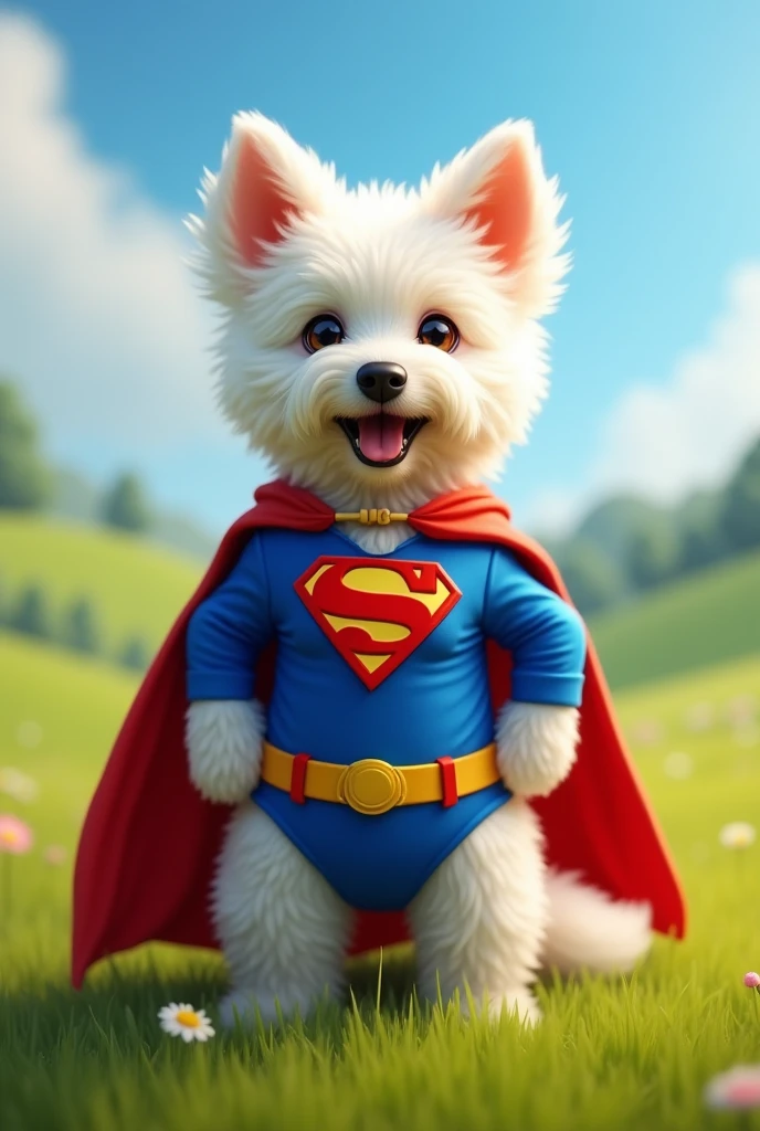 A white dog in a superman suit