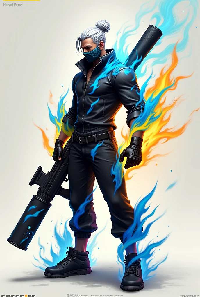 Free Fire male character profile photo white hair with bun black shirt and pants with light blue, dark blue and yellow on fire a black blue and yellow baseball bat in hand wearing a balaclava mask with a rifle in hand all black clothes