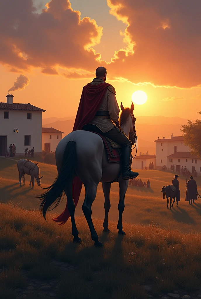 A field of Fuente Ovejuna at dusk, with the Commander riding a horse watching the villagers working