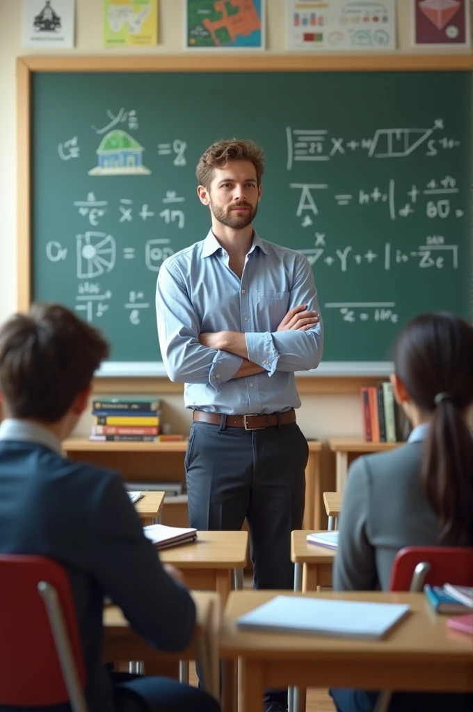Young white man teaching maths in a school