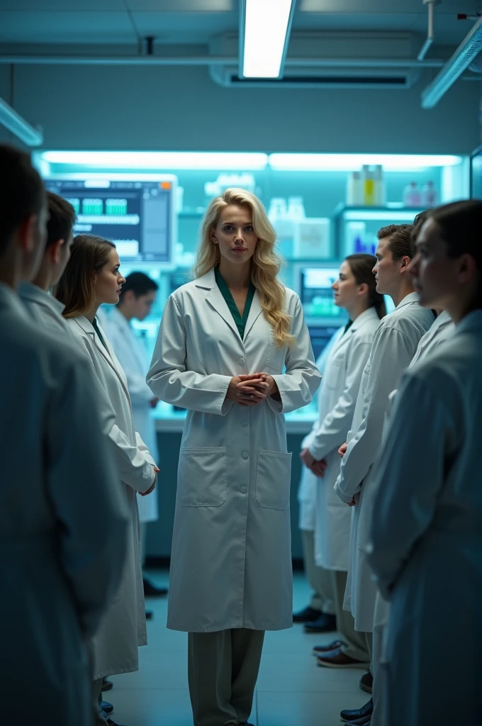 Produce the image of the future me with 30 students exercising my profession as a criminal expert, I am blonde