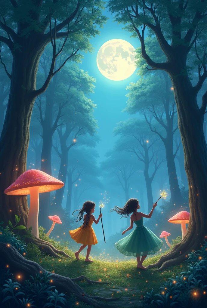 A magical and enchanted RPG forest with bards dancing and partying in the moonlight