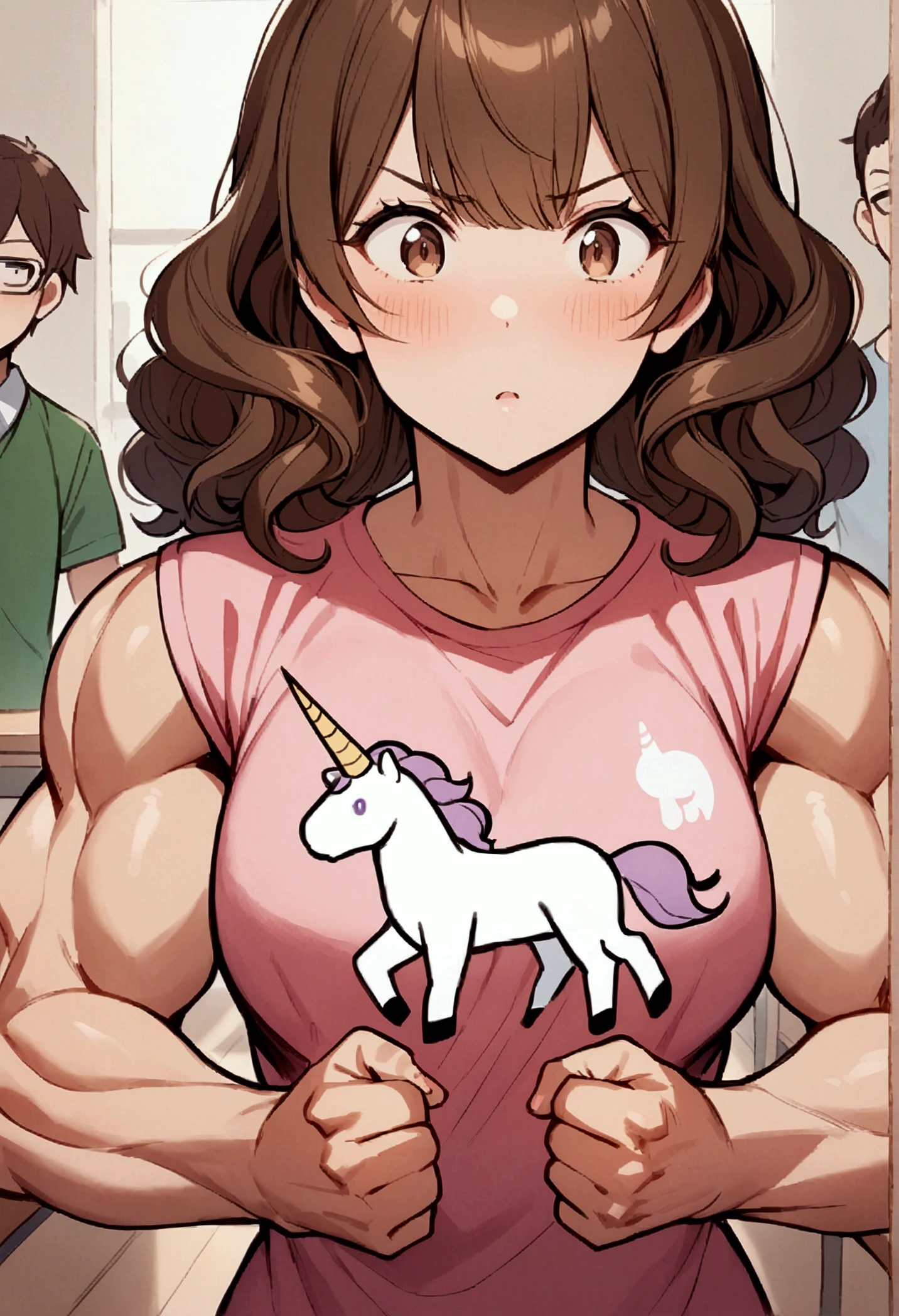 An illustration depicting a schoolgirl with curly brown hair, standing proudly in a classroom. She has a confident and arrogant expression, very proud of herself as she shows off her biceps to her classmates. She is wearing a pink t-shirt with a unicorn printed on it, which highlights her small, round, and hard biceps, which are very impressive. Her forearms are slightly muscular, suggesting that she is very strong. Her classmates are looking at her with astonishment and admiration.