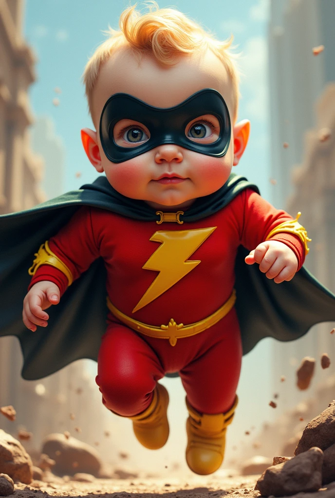 create a baby superhero from comic books, with red and yellow clothes, with a yellow lightning bolt on his chest, black cape and mask