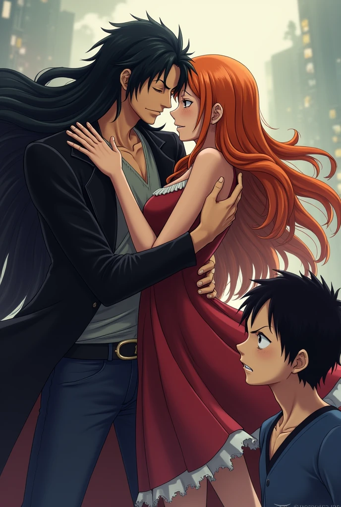 rob lucci with his long hair and nami hugging each other, while sanji looks on in pain at the moment of one piece