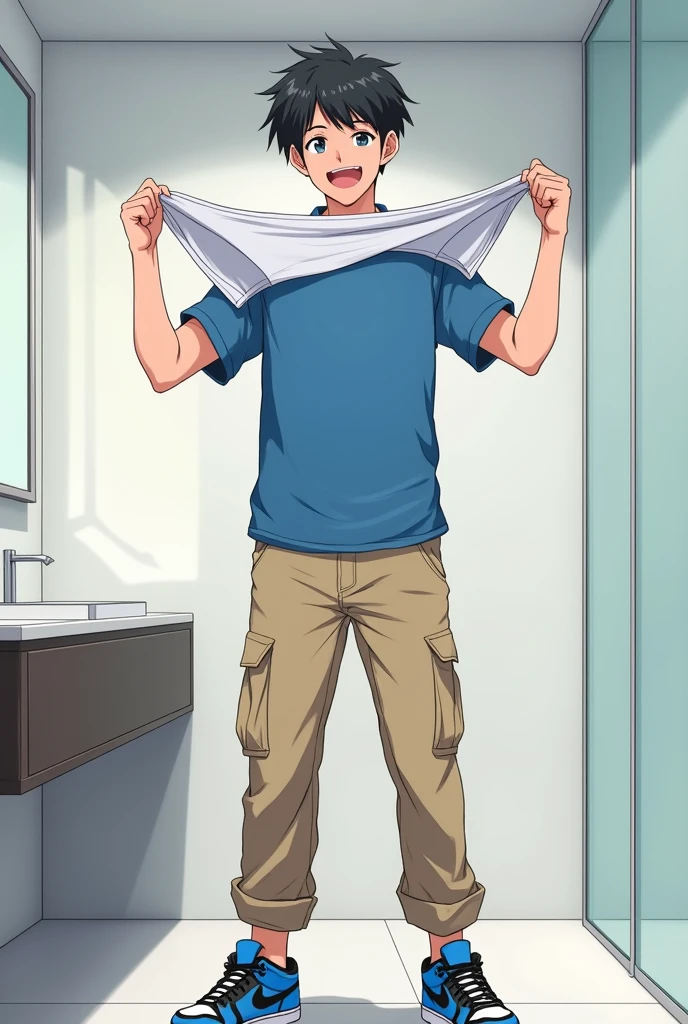 into the image, a cool male ager with 1,80 tall, with white skin and straight black hair, is posing in a bathroom. He wears a blue t-shirt and beige cargo pants., complemented by a pair of Air Jordan sneakers in blue, black andwhite. The young man is holding only a pair of underwear (of the boxer model), this underwear is white (of the size he uses) with both hands, displaying it to the "Camera", with a happy and relieved expression. The bathroom in the background is modern and minimalist., with details like a large mirror and light tiles. The teen&#39;s expression is relaxed and fun, besides him appearing relieved, giving a casual and informal tone to the image, In anime style, ele segura uma cueca of the boxer model de tamanho que esse adolescente usa, He&#39;s not wearing any underwear and looks like he just took it off.!