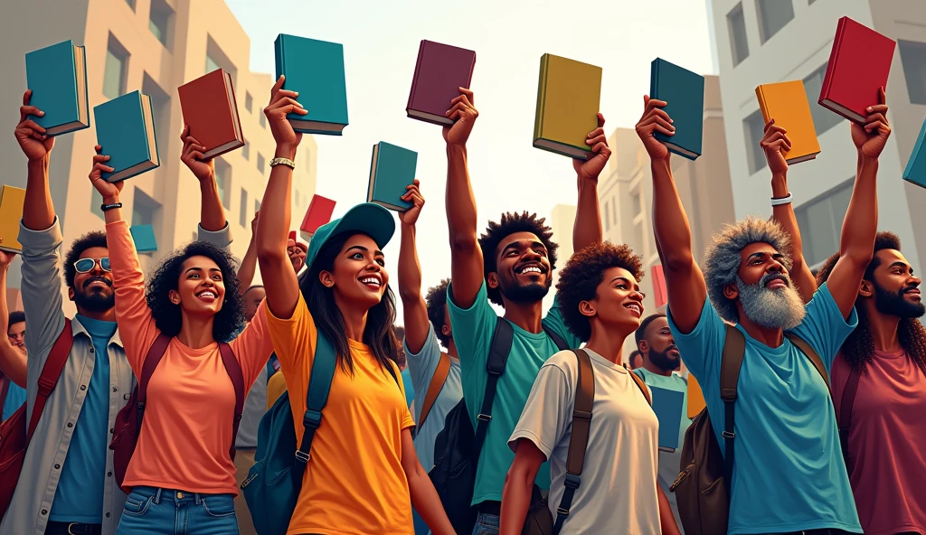 colorful illustration of white people and black people protesting by raising books in their hands