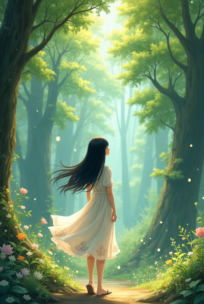 Aiko, a  with straight black hair in a white floral dress, stands at the edge of an enchanted forest, looking curious. Background: Tall trees and sunlight filtering through. Studio Ghibli Style.

