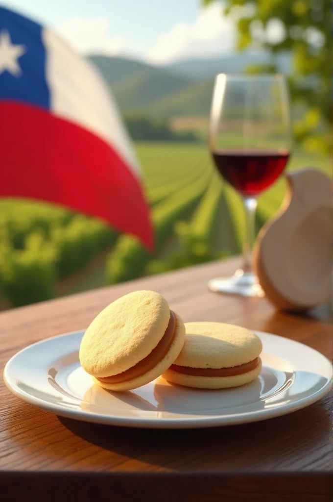 Two thin plain cornstarch cookies adhered with Dulce de leche, arranged on a wooden table, with a flag of Chile and another flag of Argentina and a glass of wine in a vineyard in the background.