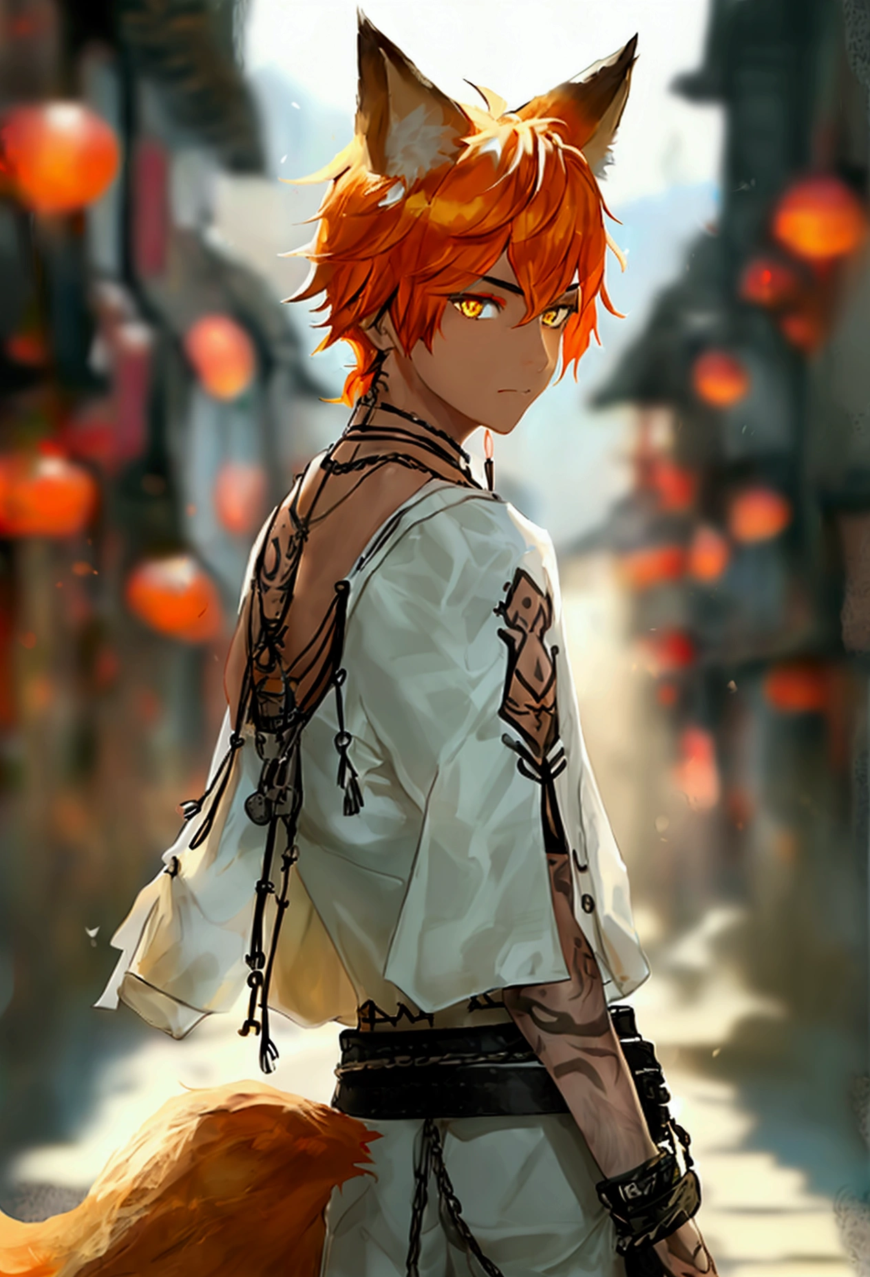 handsome 1 boy with orange medium hair and lower ponytail and yellow eyes and fox ears, dark skin, tribal tattoo, off shoulder white jacket, black sleeveless shirts with crossed body leather belt, leather sandal, necklace, standing on the messy backstreet of medieval city, sunlight, soft focus, high quality, realistic background, adding depth and richness to the scene