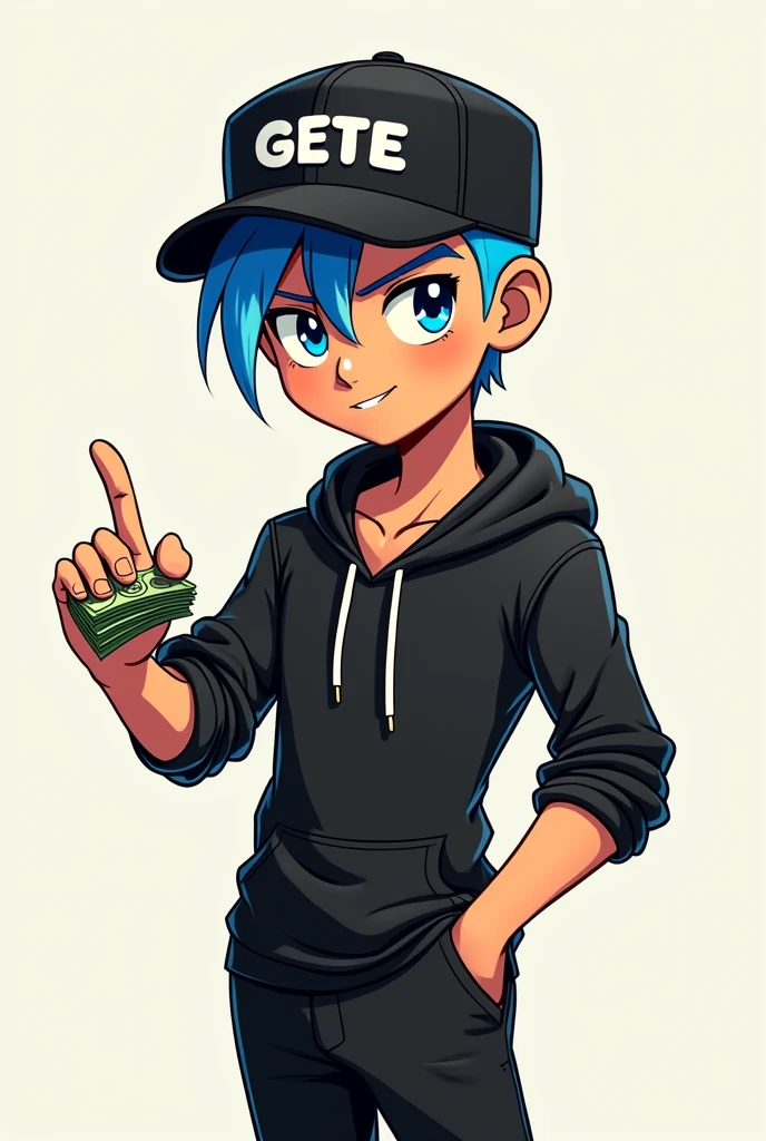 Create a male cartoon character with blue hair wearing a cap that says GETE and wearing black clothes , pointing with one hand and with a look in his eyes of money and holding money in his hand
