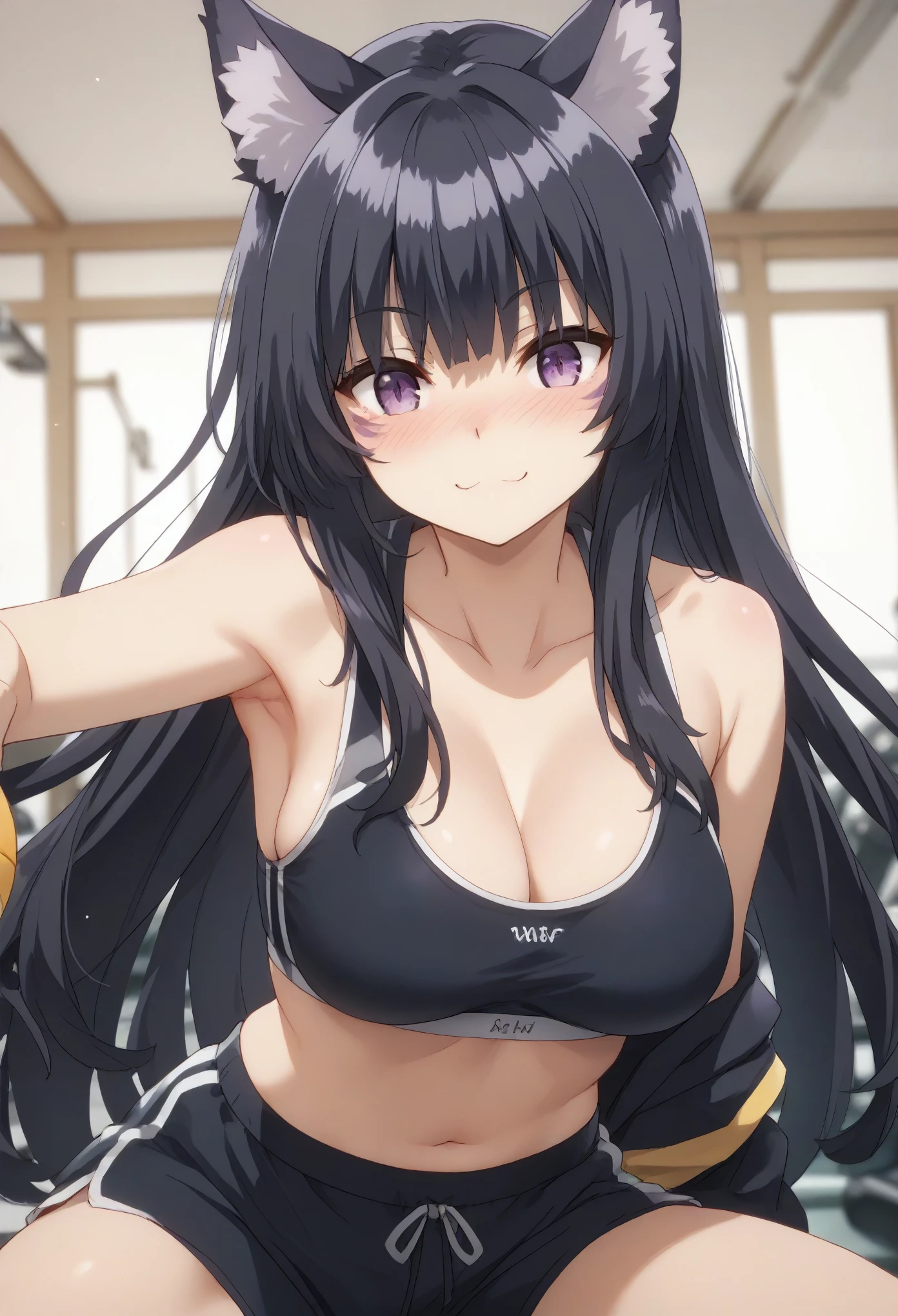 delta, long hair, black hair, animal ears, purple eyes, cat ears, animal ear fluff, facial mark,, large breast, sport bra, shorts, on the gym, seductive smile, ear blush, full blush, naughty
