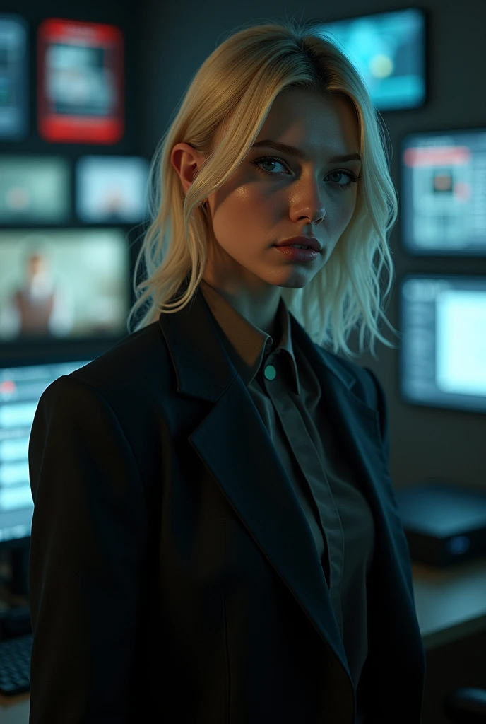 Produce an image of the future me, 30 years old, working as a criminal expert, I'm blonde