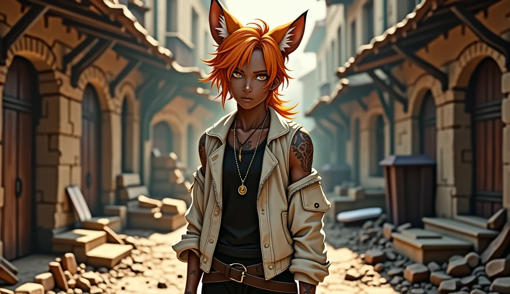 handsome 1 boy with orange medium hair and lower ponytail and yellow eyes and fox ears, dark skin, tribal tattoo, off shoulder white jacket, black sleeveless shirts with crossed body leather belt, leather sandal, necklace, standing on the messy backstreet of medieval city, sunlight, soft focus, high quality, realistic background, adding depth and richness to the scene, 15yr old