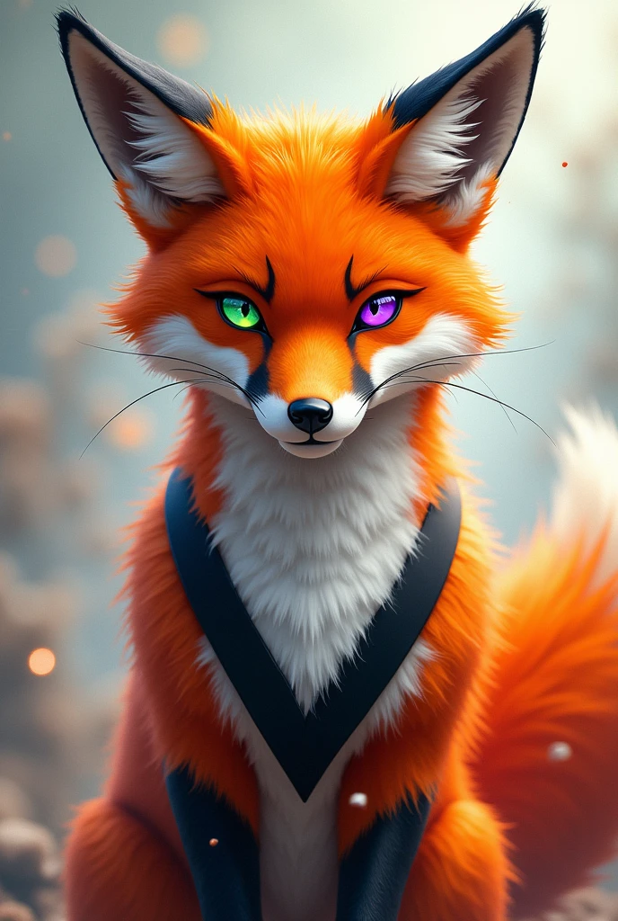 Orange Anthro fox with a white front and a black v going from the shoulders over the chest, with one eye green and one eye purple