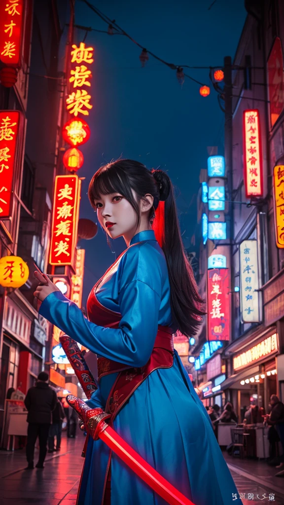 Holding the Blue Dragon Sword、Girl in red Chinese dress。Bun Hair。Background night downtown Shanghai。Neon Signs。Electric spectaculars。Backlight。Art Nouveau。Modern painting。