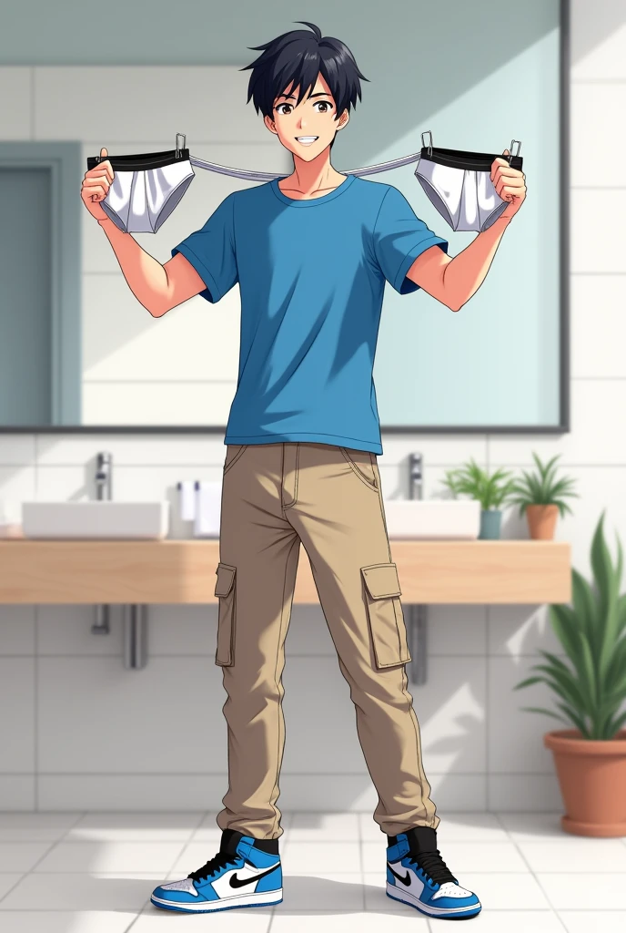 into the image, a cool male teenager with 1,80 tall, with white skin and straight black hair, is posing in a bathroom. He wears a blue t-shirt and beige cargo pants., complemented by a pair of Air Jordan sneakers in blue, black andwhite. The young man is holding only a pair of underwear (of the boxer model), this underwear is white (of the size he uses) with both hands, displaying it to the "Camera", with a happy and relieved expression. The bathroom in the background is modern and minimalist., with details like a large mirror and light tiles. The teenager's expression is relaxed and fun, besides him appearing relieved, giving a casual and informal tone to the image, In anime style, ele segura uma cueca of the boxer model de tamanho que esse adolescente usa, He's not wearing any underwear and looks like he just took it off.!