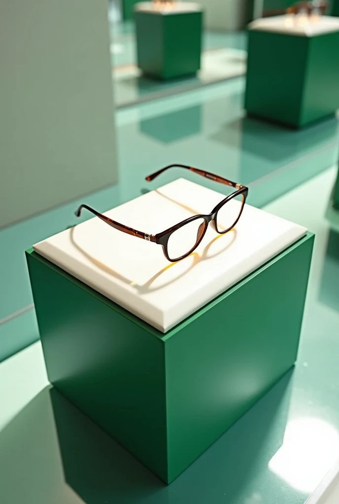 Creat glasses display counter with green base and white top on mirror