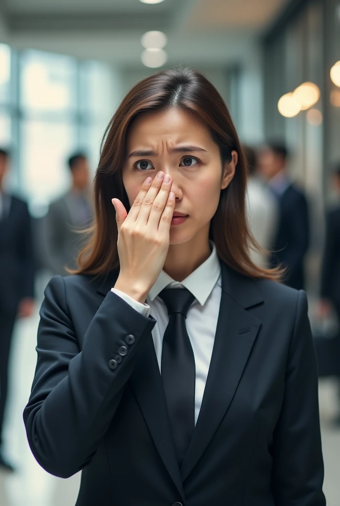 Hi, I want a person covering their nose because of an offensive smell.