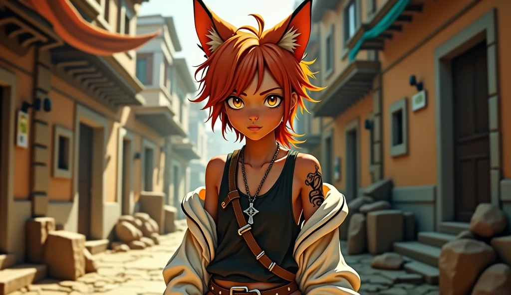 handsome 1 boy with orange medium hair and lower ponytail and yellow eyes and fox ears, dark skin, tribal tattoo, off shoulder white jacket, black sleeveless shirts with crossed body leather belt, leather sandal, necklace, standing on the messy backstreet of medieval city, sunlight, soft focus, high quality, realistic background, adding depth and richness to the scene