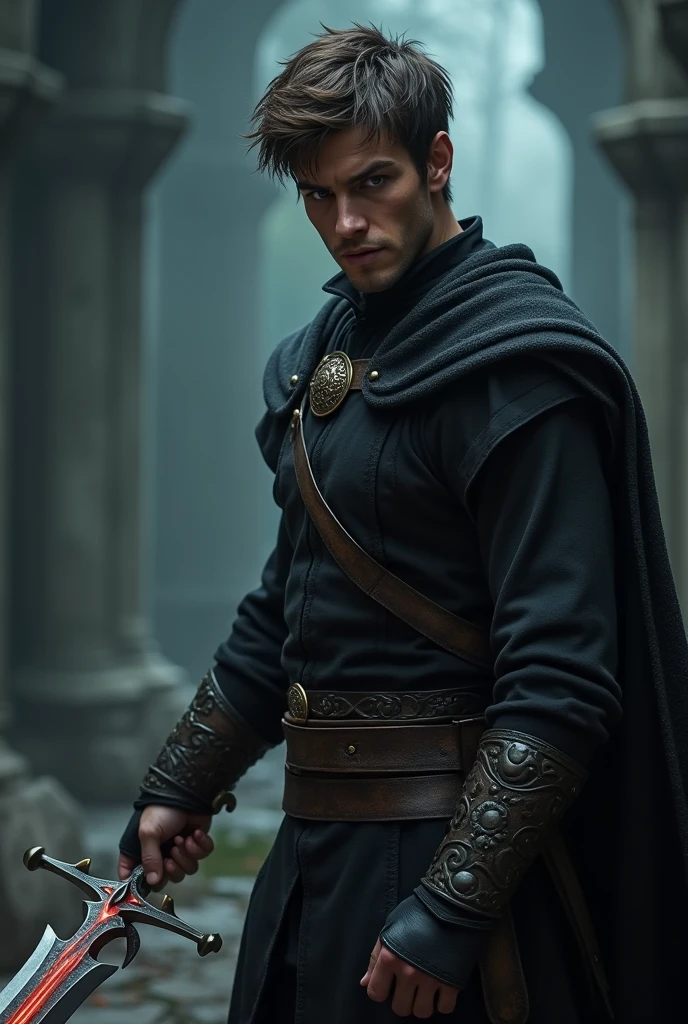 A 20 year old angry European warrior male with short brown hair and brown eyes without a glowing beard wearing a full black outfit holding a magic break sword standing in a dark place and looking to the left