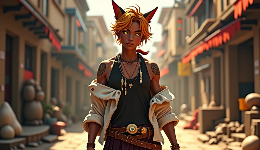 handsome  1 boy with orange medium hair and lower ponytail and yellow eyes and fox ears, dark skin, tribal tattoo, off shoulder white jacket, black sleeveless shirts with crossed body leather belt, leather sandal, necklace, standing on the messy backstreet of medieval city, sunlight, soft focus, high quality, realistic background, adding depth and richness to the scene, 3d cg rendering 