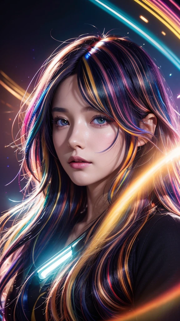 {{masterpiece}}, highest quality, Highly detailed CG Unity 8K wallpaper, cinematic lighting, Lens flare, beautiful detailed eyes, black, side line, multi-colored hair, colorful light, particle, heterochromia, (colorful:1.5), (colorful hair:1.5),
